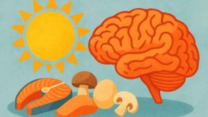ilustração mostrando sol, alimentos ricos em vitamina D e cérebro humano, representando impacto da vitamina D e cérebro na saúde mental