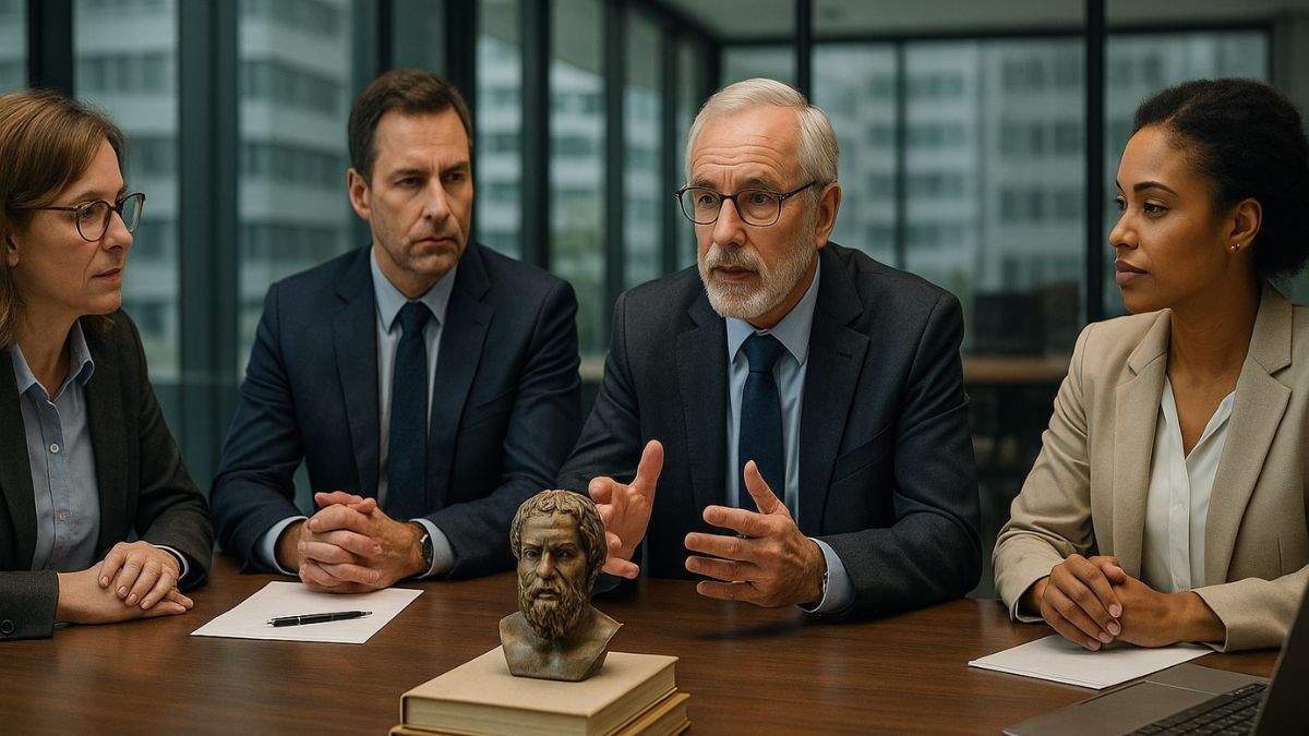 filosofia no mundo corporativo- Reunião entre executivos em uma sala de vidro, refletindo sobre valores e propósito.