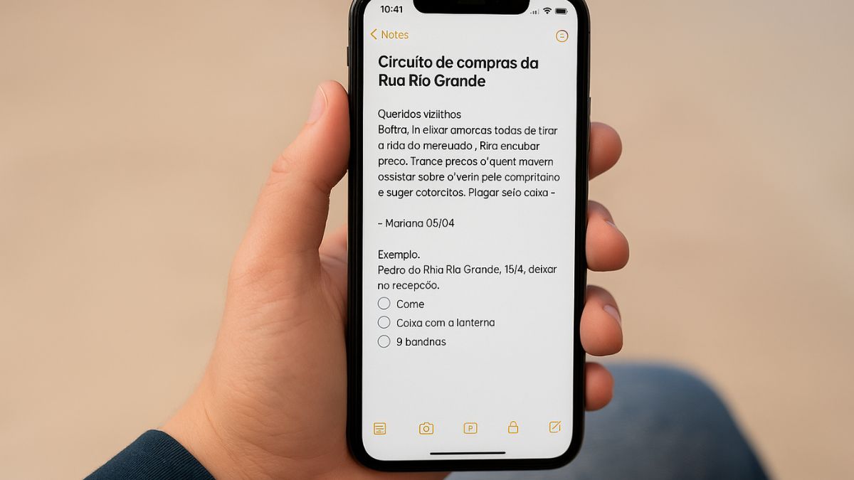iPhone aberto no app Notas com interface organizada e moderna - recursos do app Notas do iPhone