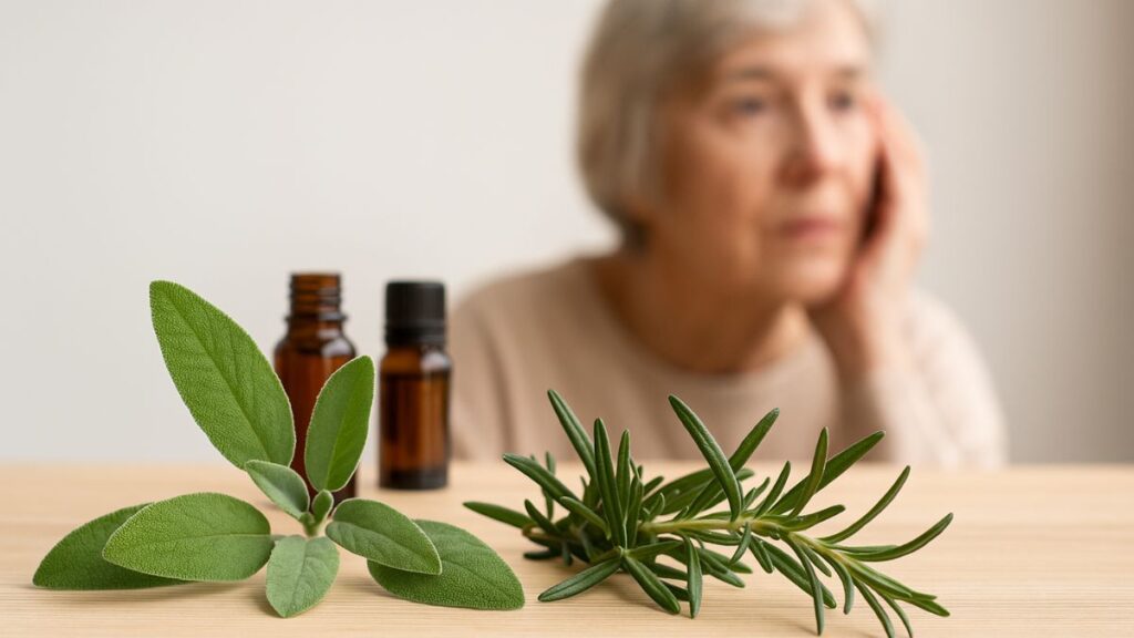 Sálvia e alecrim para Alzheimer com óleos essenciais, simbolizando aromateria, memória e esperança.