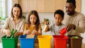 Família em cozinha ventilada usando lixeiras coloridas para separar resíduos em casa (orgânicos, papel, plástico, vidro).