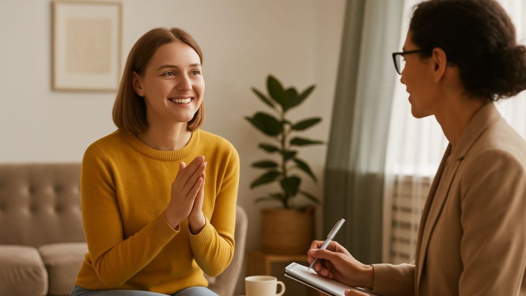 Sessão de terapia cognitiva com foco em autoconhecimento e transformação emocional.