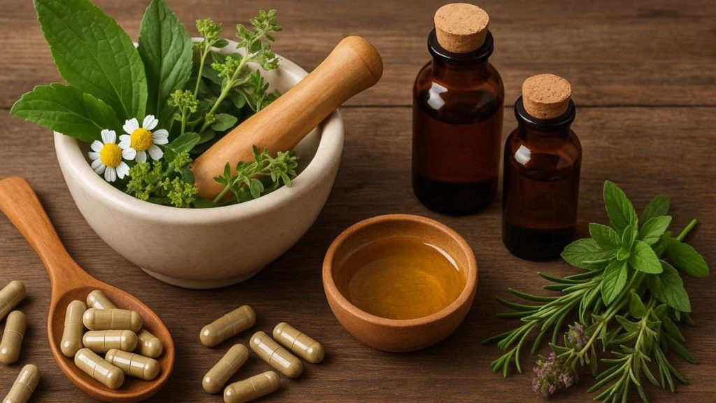 uso da fitoterapia Preparações naturais com ervas, cápsulas e óleos sobre mesa de madeira rústica.