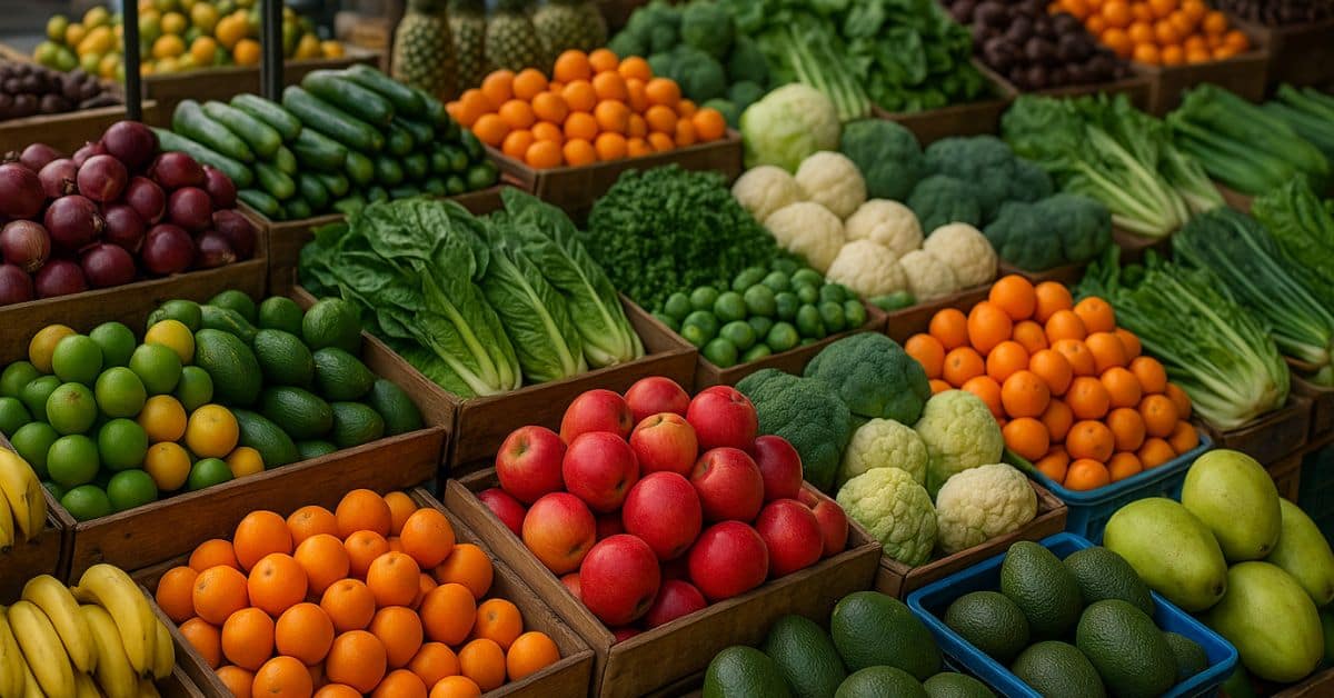 Feira livre com frutas e verduras frescas típicas de setembro.