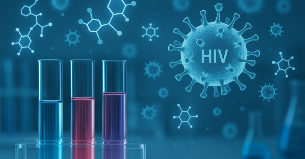 Tubos de ensaio coloridos em laboratório com ilustrações de moléculas e partícula do HIV em destaque, representando avanços científicos na busca pela cura do HIV.