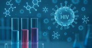 Tubos de ensaio coloridos em laboratório com ilustrações de moléculas e partícula do HIV em destaque, representando avanços científicos na busca pela cura do HIV.