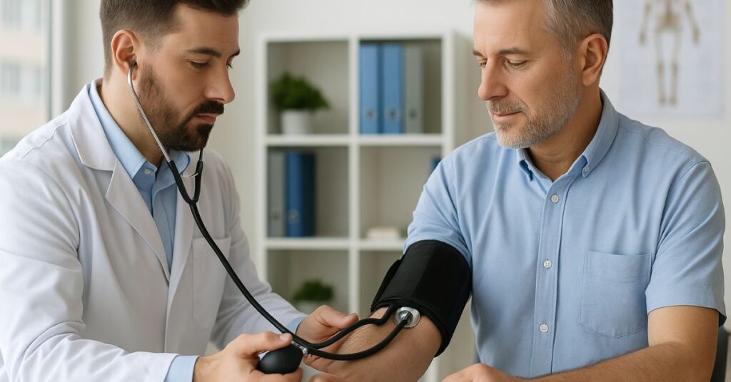médico mede a pressão de paciente em consultório para diagnóstico de hipertensão arterial.