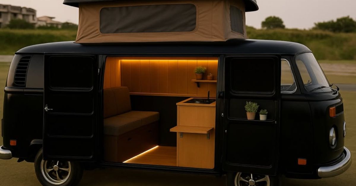 Kombi casa sobre rodas iluminada em área de camping no Brasil