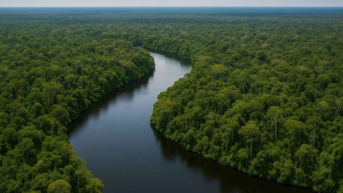 Vista aérea da floresta amazônica com rio sinuoso refletindo o céu, simbolizando o aquífero na Amazônia como maior reserva de água doce subterrânea do planeta.