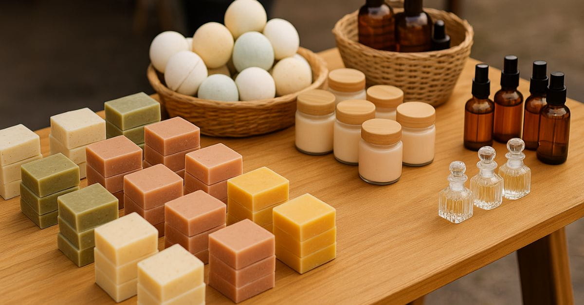 Cosméticos artesanais Anvisa expostos em feira de produtores locais.