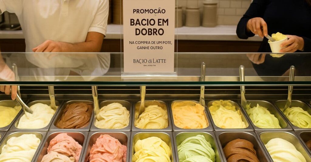 Promoção do Dia do Sorvete 2025 com gelato em dobro da Bacio di Latte. Legenda: O Dia do Sorvete 2025 é celebrado hoje, 23 de setembro, e terá a promoção “Bacio em Dobro” como destaque, além de ações sociais em todo o país.