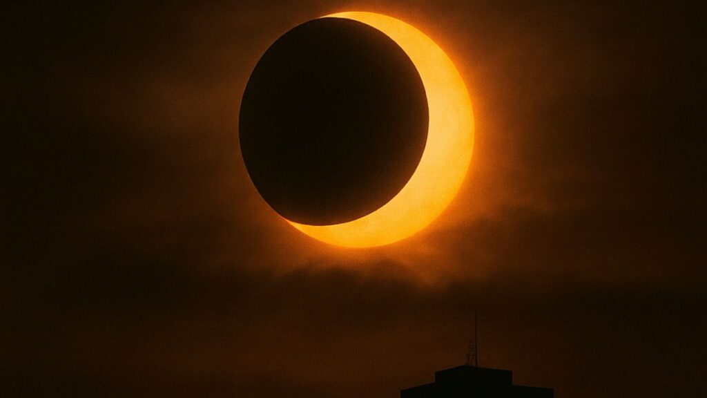 Eclipse total lunar setembro 2025 com lua avermelhada sobre a cidade
