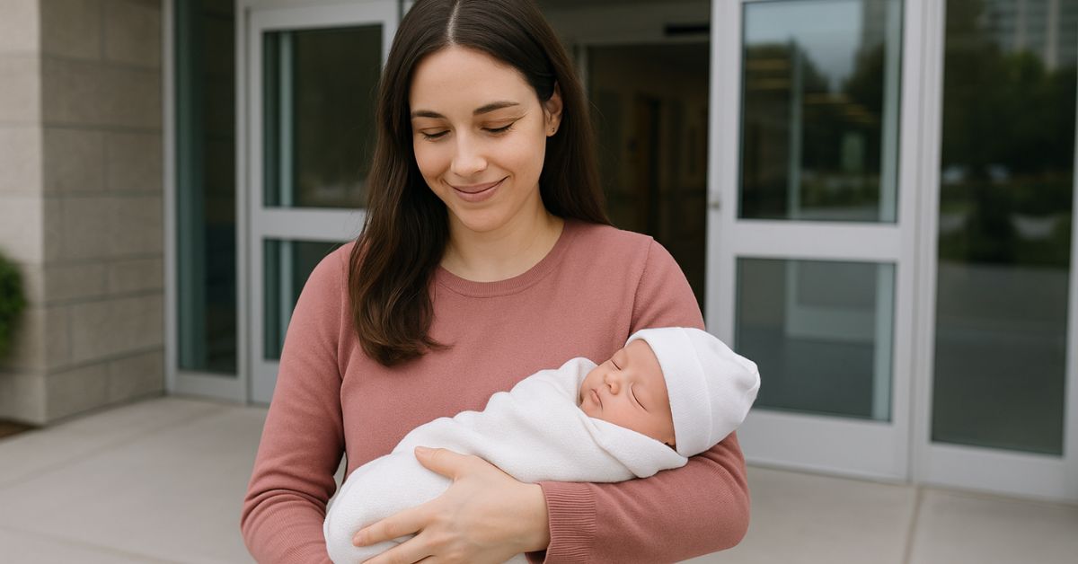 Mulher com seu bebê de colo saindo do hospital.