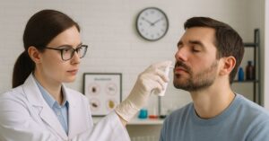 Cientista aplica spray nasal em paciente como método contra alergias