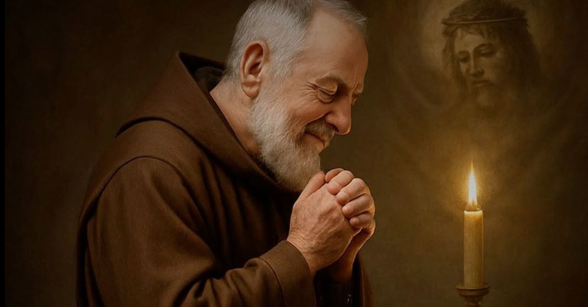 Padre Pio em oração diante da luz, símbolo de fé e milagres