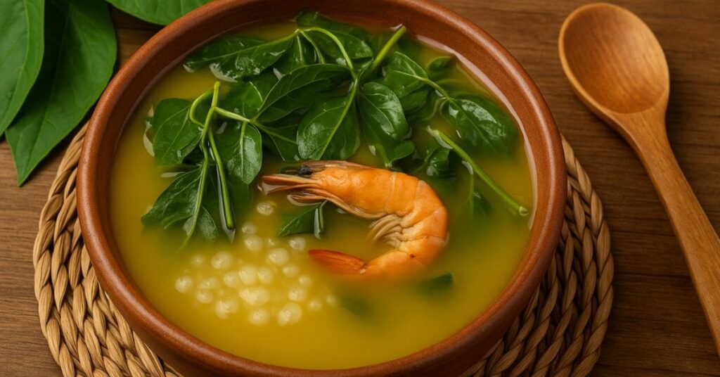 Tacacá servido em cuia com tucupi e jambu