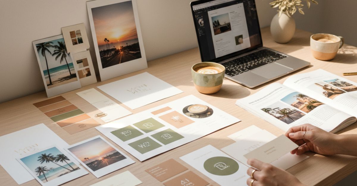 Como o'branding' está moldando marcas com propósito pelo mundo- Mesa de estúdio criativo com materiais de design, computador e referências visuais de branding