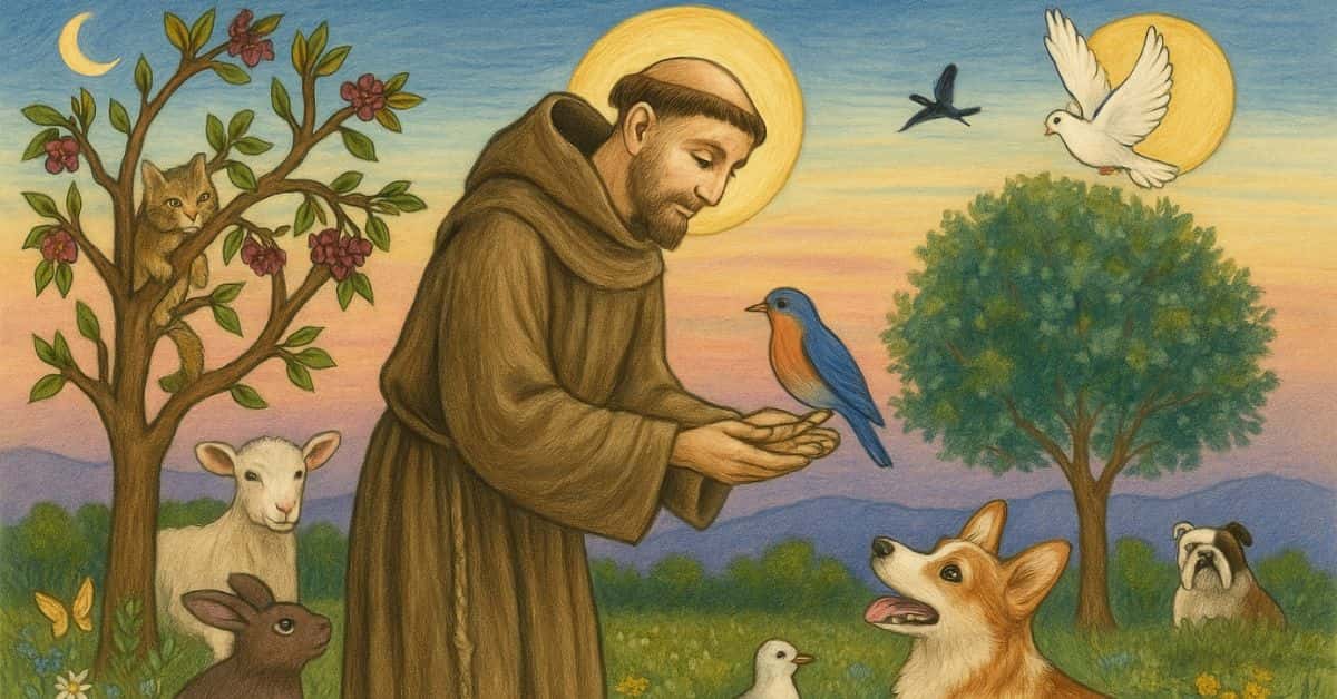 Ilustração do Dia de São Francisco de Assis cercado por animais e natureza.