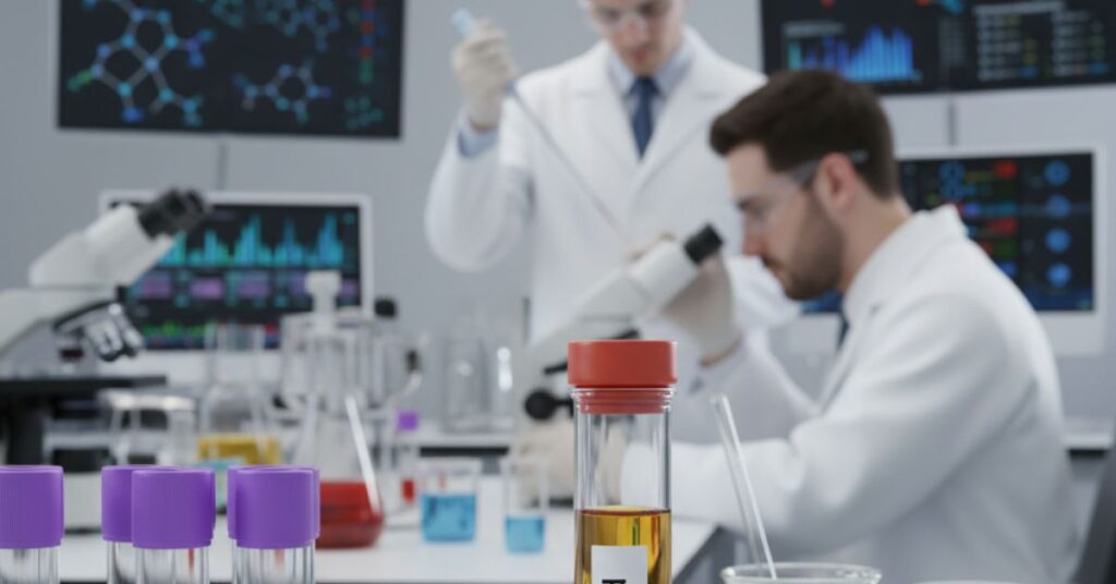 Cientistas analisam amostras de plasma em laboratório durante pesquisa sobre exame de sangue para o Alzheimer.