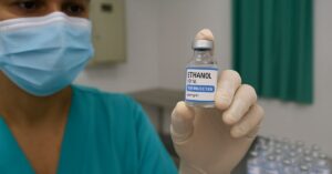 Frasco de etanol farmacêutico usado como antídoto contra metanol em ambiente hospitalar.