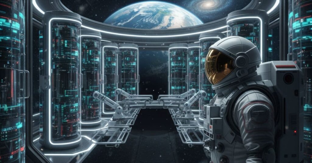 Astronauta em estação orbital ilustra o conceito de data centers no espaço, tema que une inovação tecnológica e sustentabilidade digital.