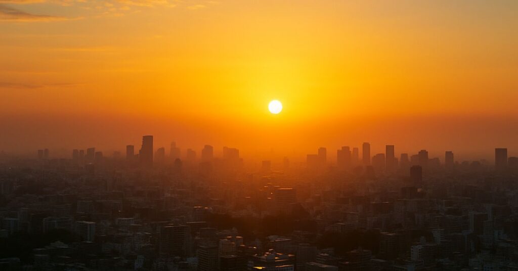 Nascer do sol sobre cidade simboliza recuperação da expectativa de vida global.