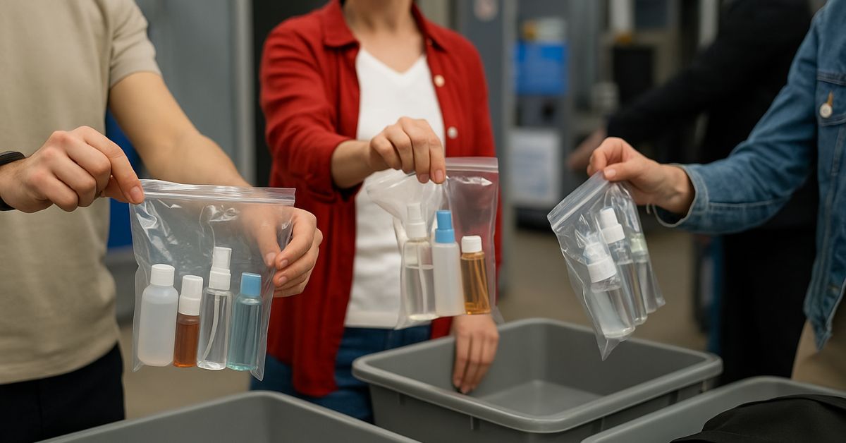 viajante apresenta líquidos no avião em embalagem transparente durante inspeção