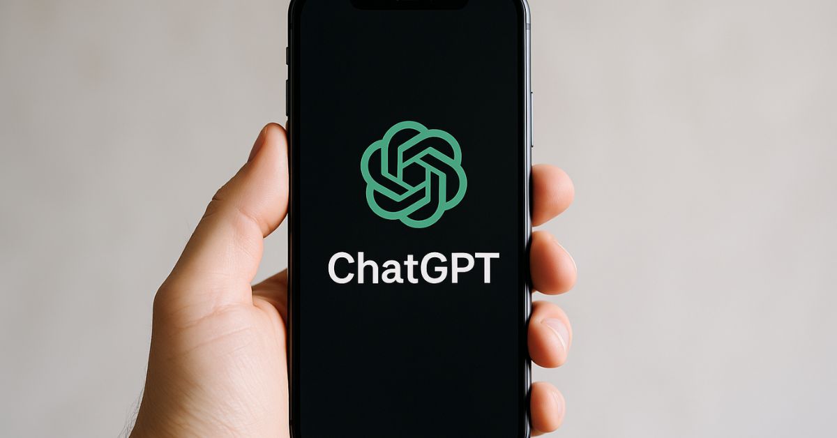 plano ChatGPT Go - Fotografia digital de uma mão humana segurando um smartphone moderno. Na tela, aparece a interface do ChatGPT, com fundo escuro e o logotipo verde característico. A iluminação suave e o fundo neutro destacam o dispositivo.