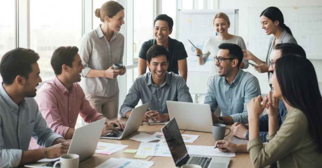 quipe diversa e feliz em ambiente de trabalho colaborativo, representando ações de prevenção de burnout