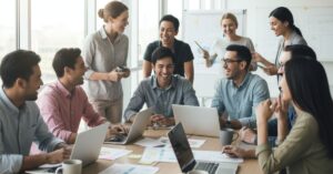 quipe diversa e feliz em ambiente de trabalho colaborativo, representando ações de prevenção de burnout