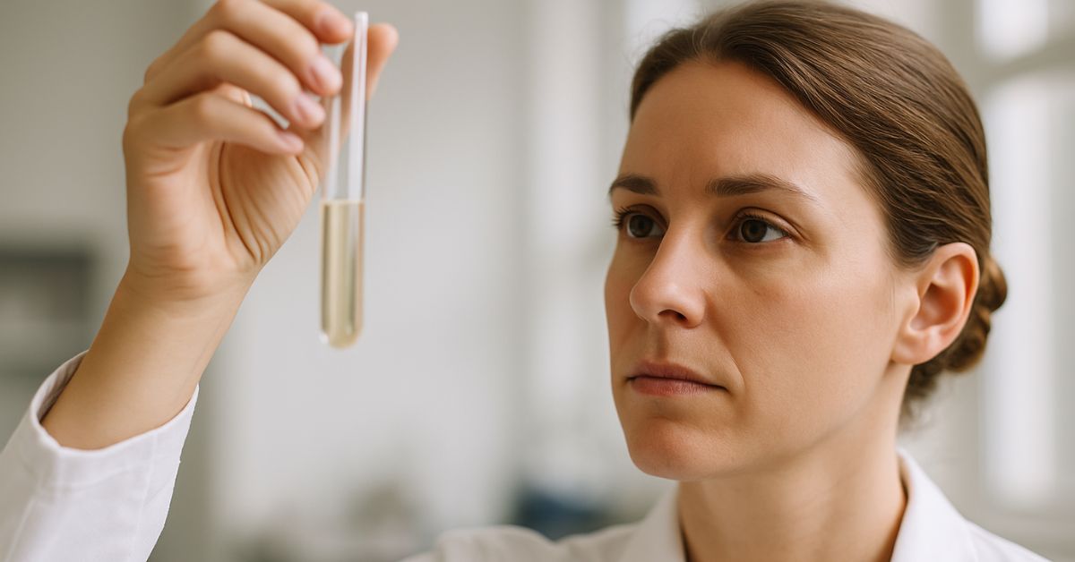 Cientista analisa tubo de ensaio em laboratório de startups de base científica.