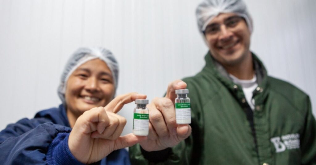 Profissionais do Instituto Butantan seguram frascos da Butantan-DV vacina dengue prontos para distribuição.