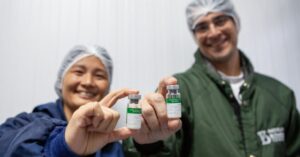 Profissionais do Instituto Butantan seguram frascos da Butantan-DV vacina dengue prontos para distribuição.