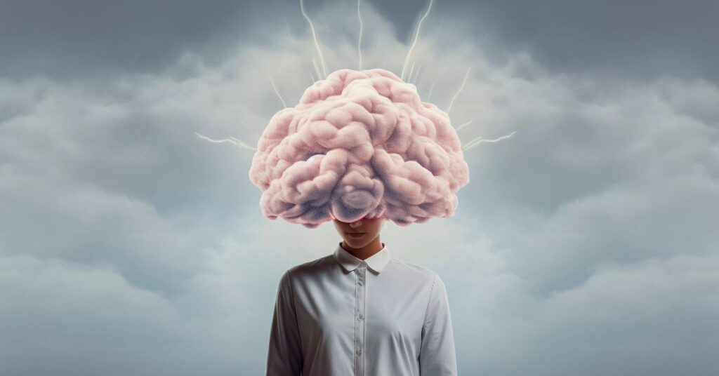 Dicas da neurociência para a memória - ilustração de pessoa com um grande cérebro flutuando sobre a cabeça, simbolizando memória e atividade mental