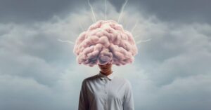 Dicas da neurociência para a memória - ilustração de pessoa com um grande cérebro flutuando sobre a cabeça, simbolizando memória e atividade mental