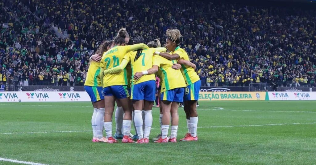 Seleção Brasileira em união durante amistoso, símbolo da preparação para o FIFA Series 2026 feminino