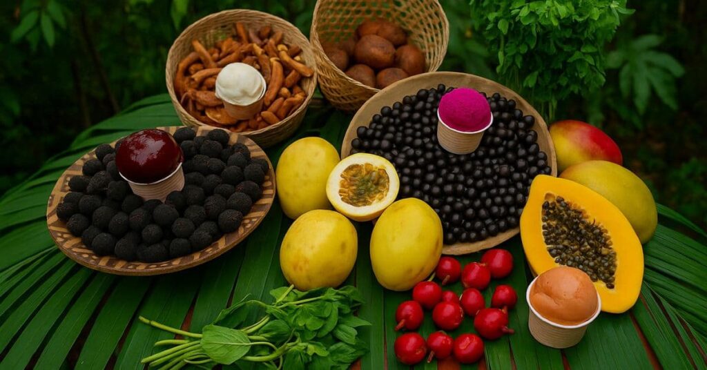 Sorvete amazônico de cumaru ao lado de frutas da floresta, como açaí, maracujá e cupuaçu, sobre folhas verdes no Acre.