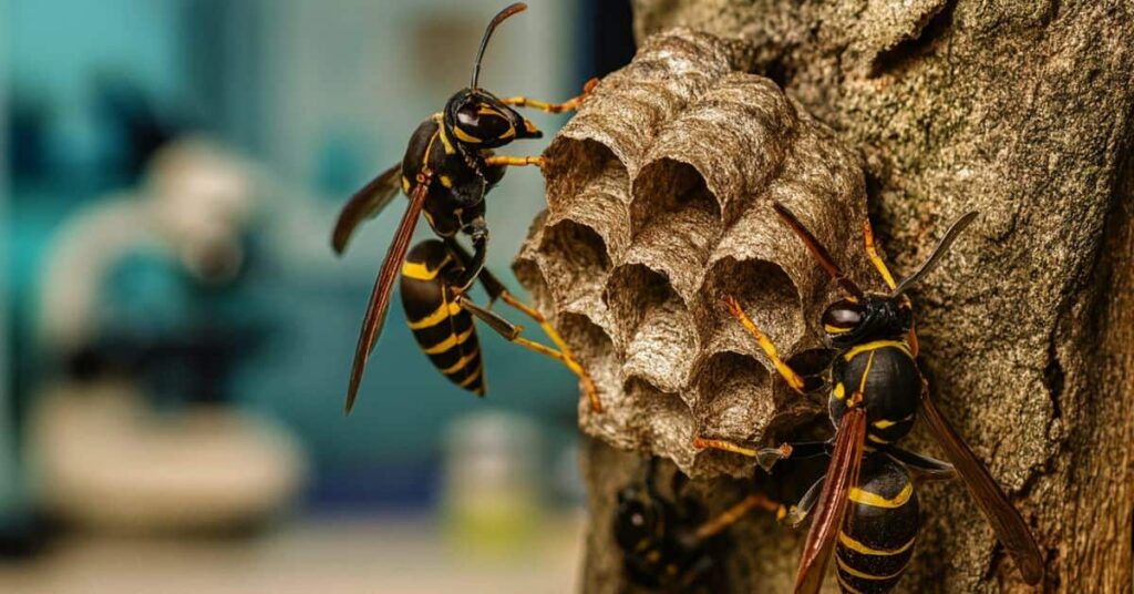 Pesquisa com Veneno de marimbondo para o Alzheimer em laboratório, mostrando vespas em ninho observado de perto.