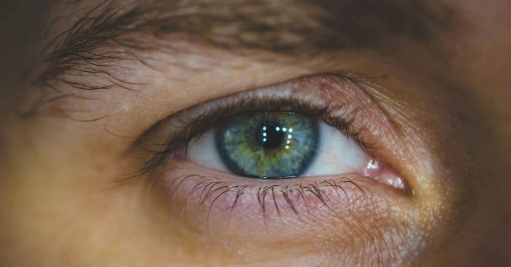 Olho humano em close, ilustrando o foco das pesquisas sobre o chip ocular PRIMA.