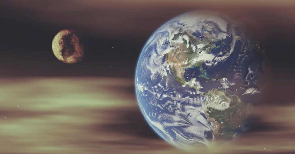 Planeta Terra visto do espaço com outro astro ao fundo, simbolizando Mercúrio retrógrado em Sagitário 2025. efeitos de Mercúrio retrógrado em Sagitário