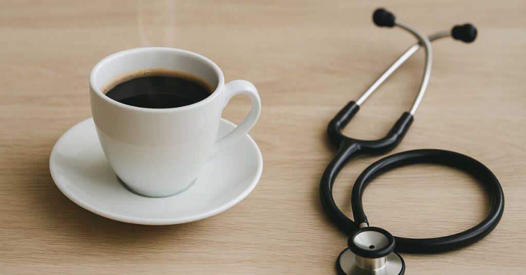 xícara de café representa estudo sobre café e arritmia cardíaca.