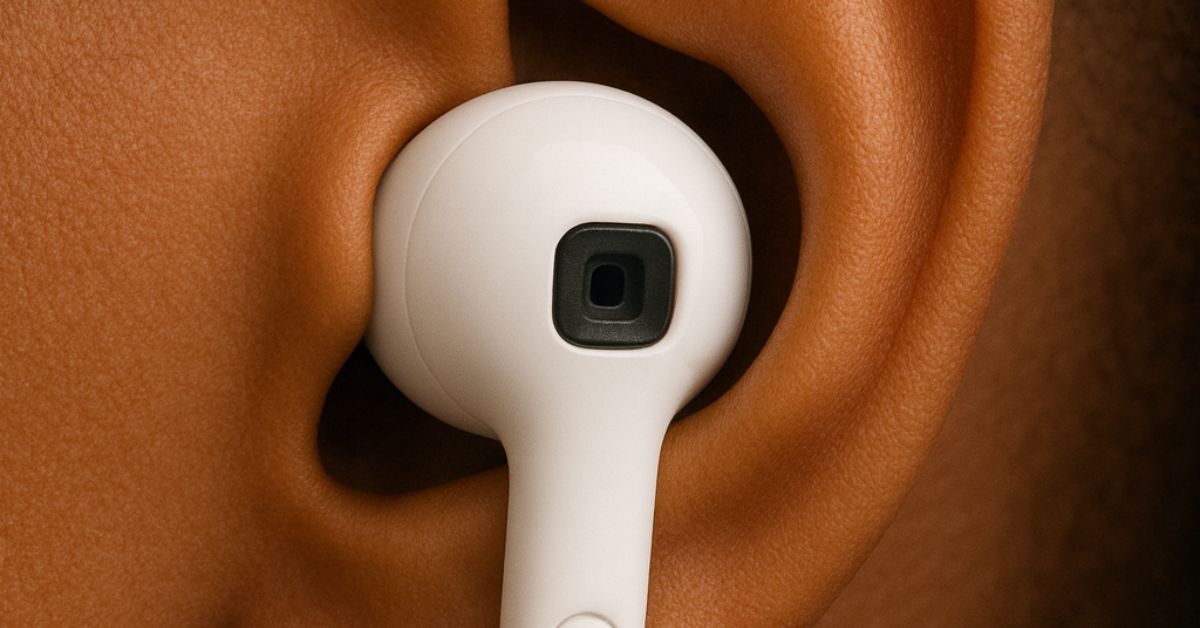 fone alerta - Fone de segurança branco encaixado no ouvido, com câmera frontal e botão de alerta