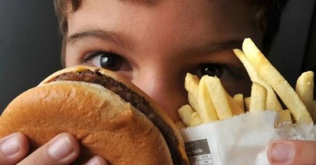 Criança segura hambúrguer e batatas fritas, cena usada em estudo do Idec sobre ultraprocessados nas escolas.