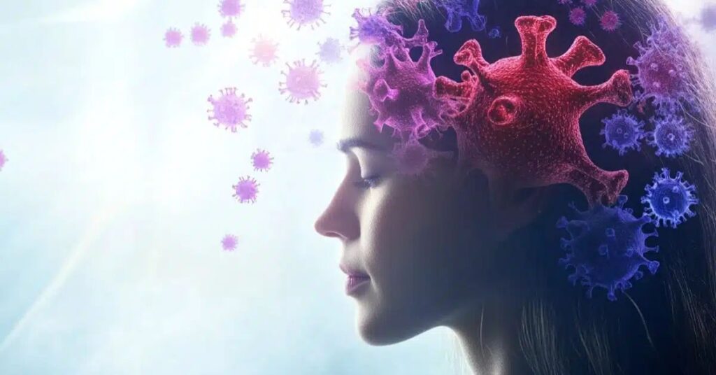 Representação simbólica de uma mulher com elementos microbiológicos em torno da cabeça, sugerindo a relação entre probióticos e ansiedade.