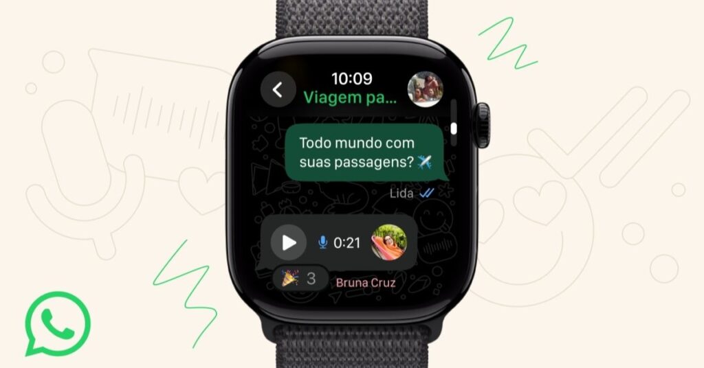 WhatsApp no Apple Watch exibindo mensagens e áudios na tela