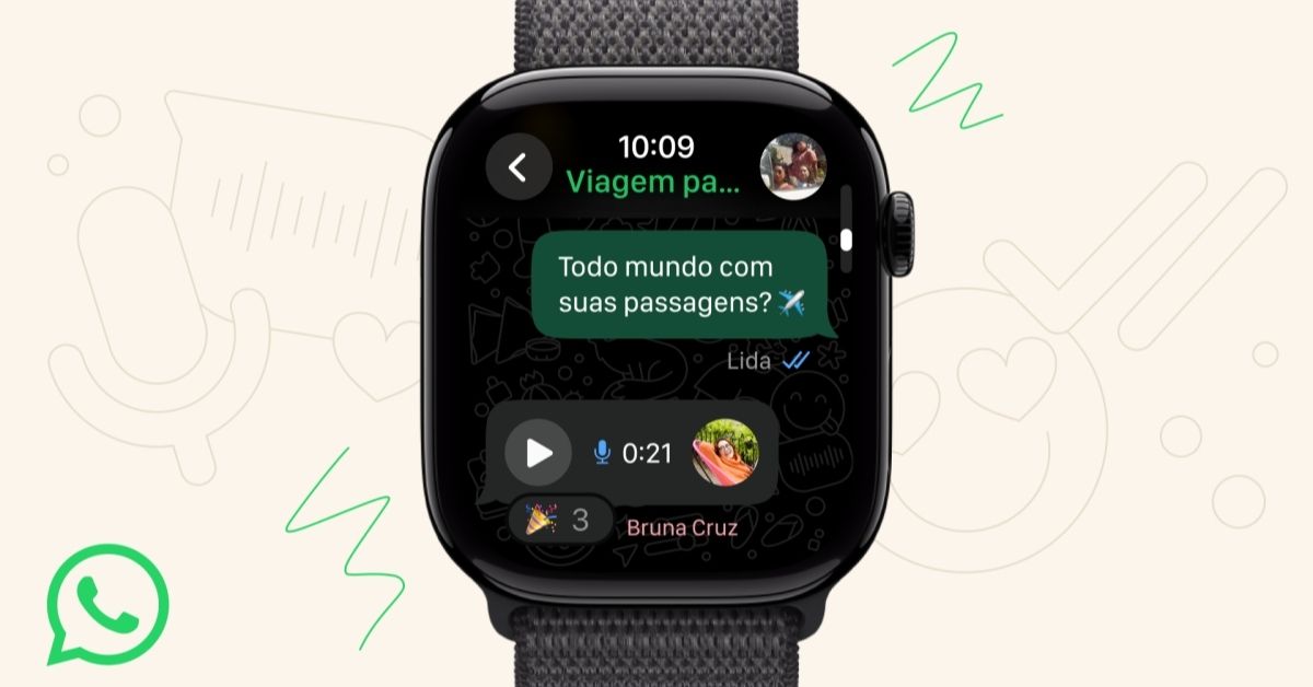 WhatsApp no Apple Watch exibindo mensagens e áudios na tela