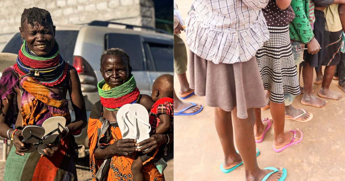 crianças africanas recebem chinelos em ação solidária da ONG Legenda (com crédito, sem mencionar a imagem, seguindo o padrão solicitado):