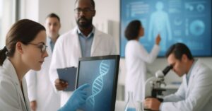 Cientistas analisando dados genéticos em laboratório, simbolizando avanços no cuidado das doenças raras no Brasil.