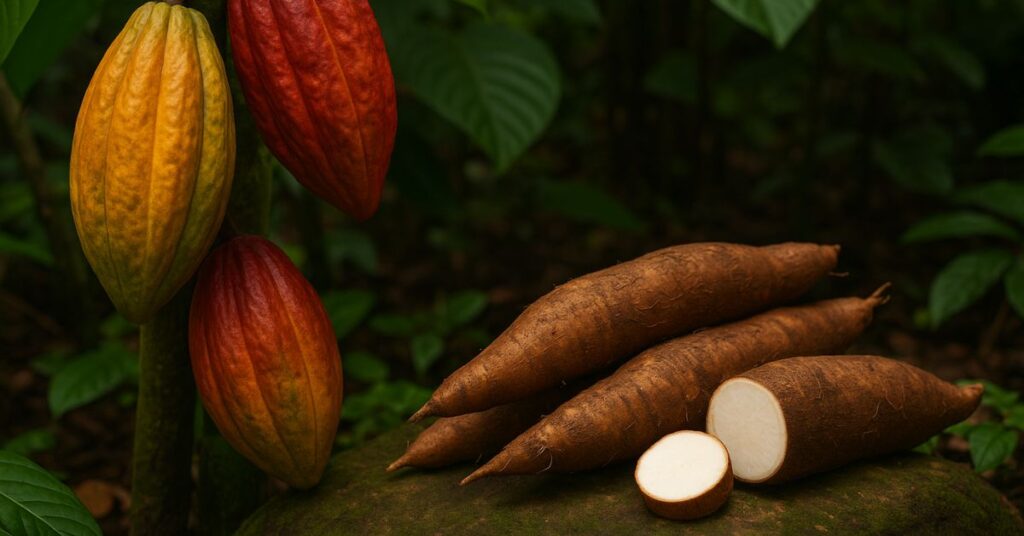 Cacau e mandioca representando a flora da Amazônia em ambiente natural.