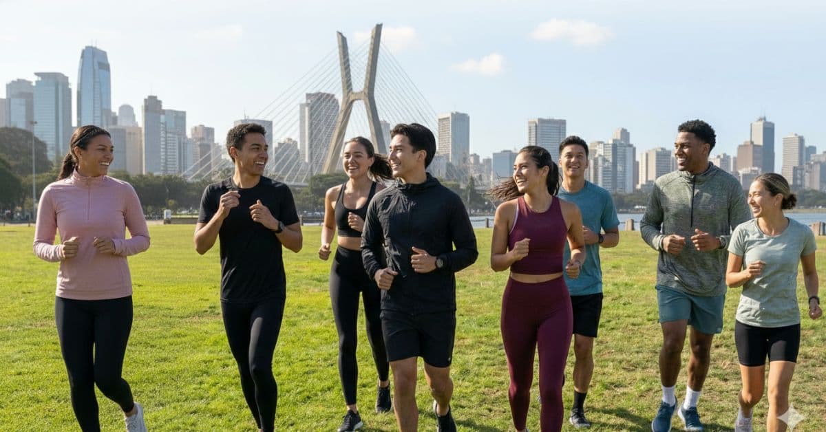 Jovens correndo em grupo em São Paulo, simbolizando as tendências do Relatório do Strava sobre vida ativa em 2025.